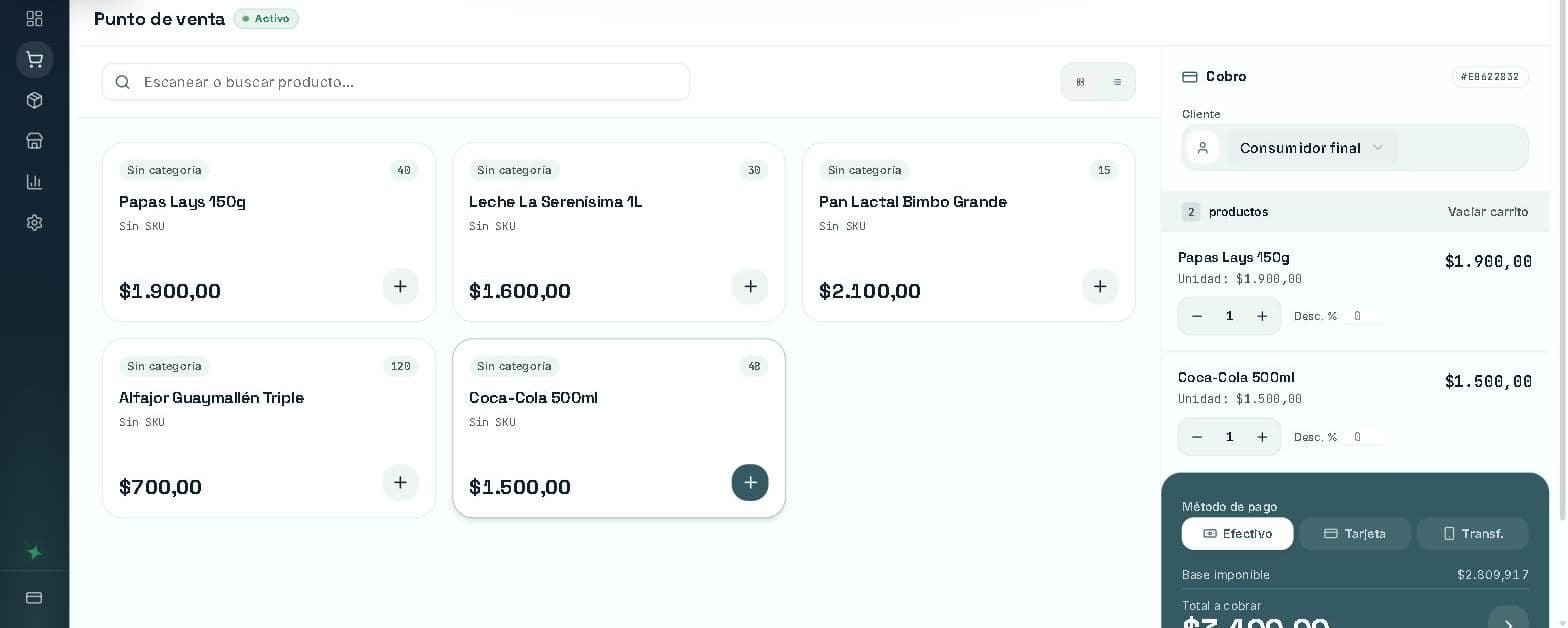 Captura real de la terminal de ventas de Stockcito con un carrito activo